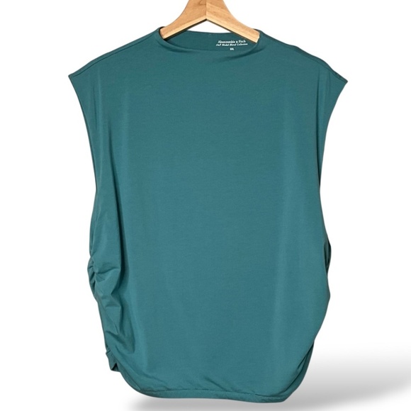 ABERCROMBIE&FITCH Paloma Teal Cotton Blend Stretch Rusched Side Funnel Neck Top - Picture 3 of 10